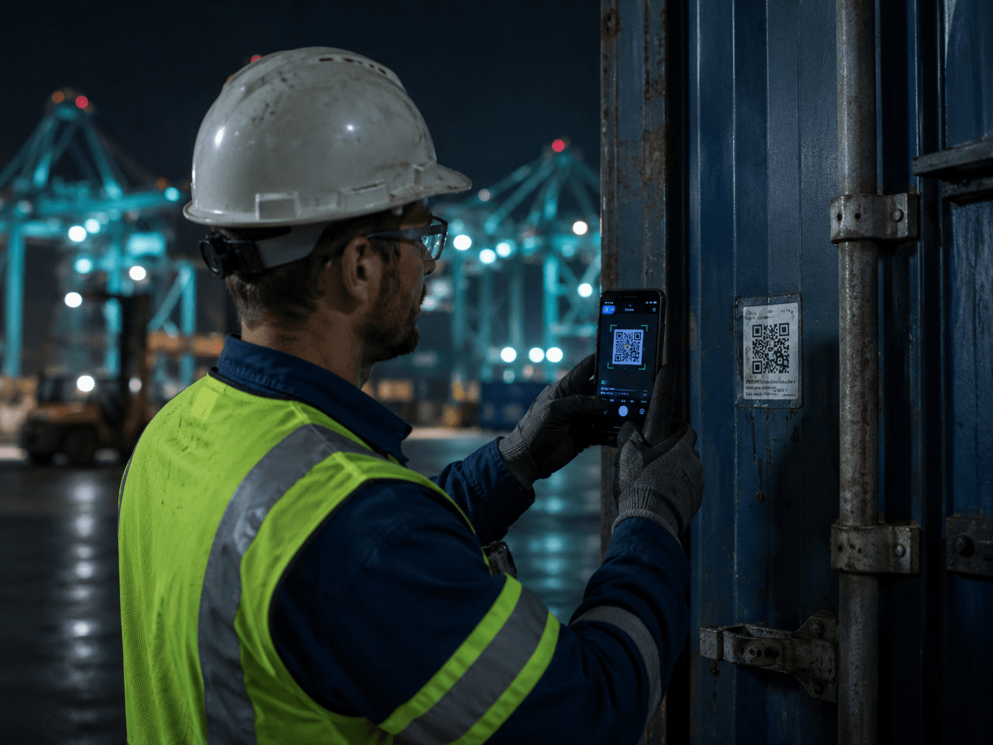 Inspetor escaneando QR Code de equipamento em container industrial