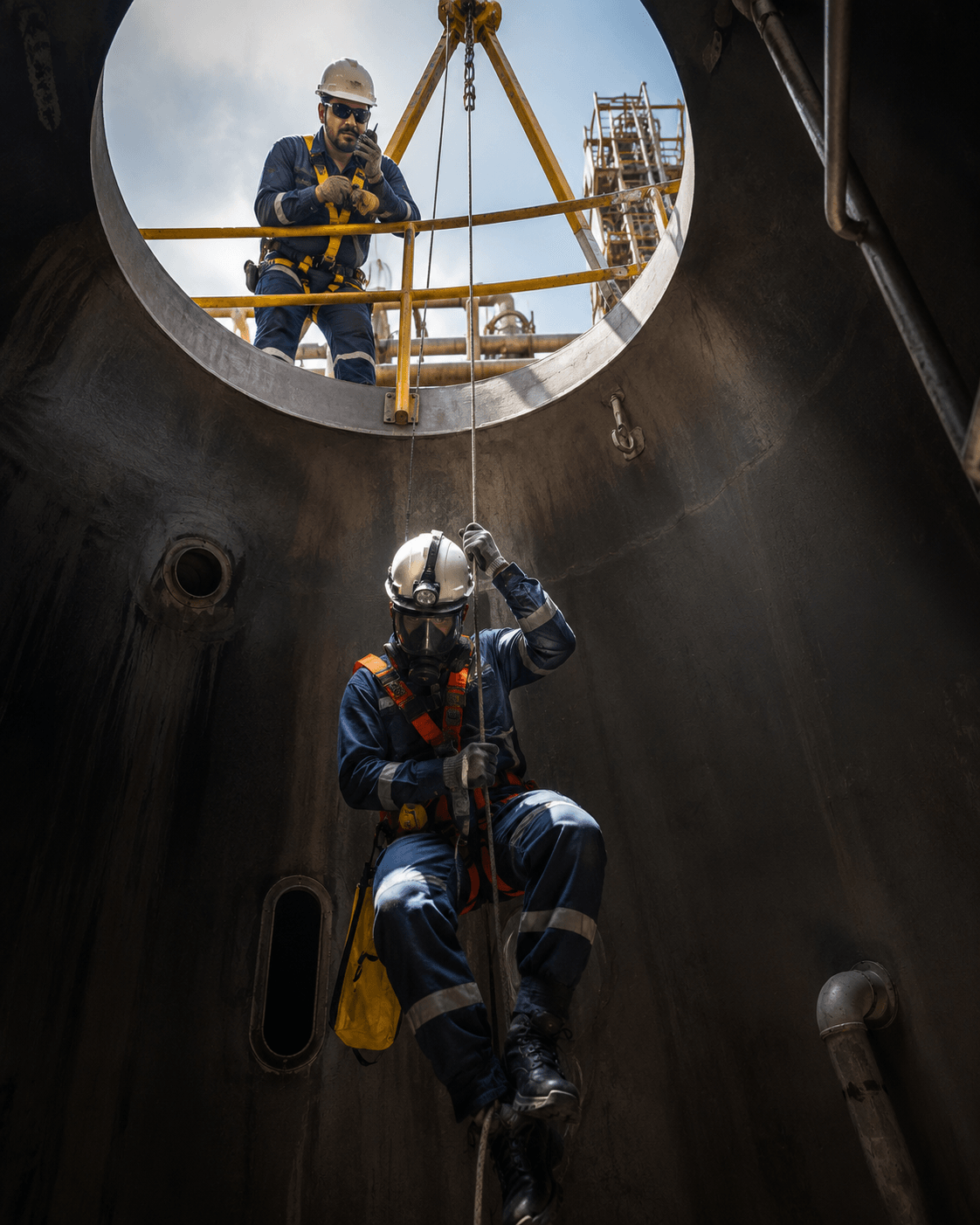 Equipe de resgate em espaço confinado com EPIs e equipamentos especializados