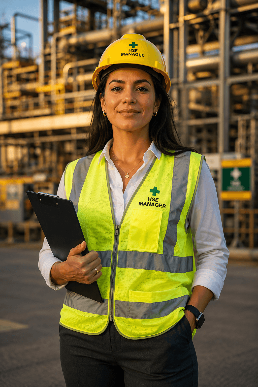 Diretor HSE conduzindo reunião de segurança com equipe industrial