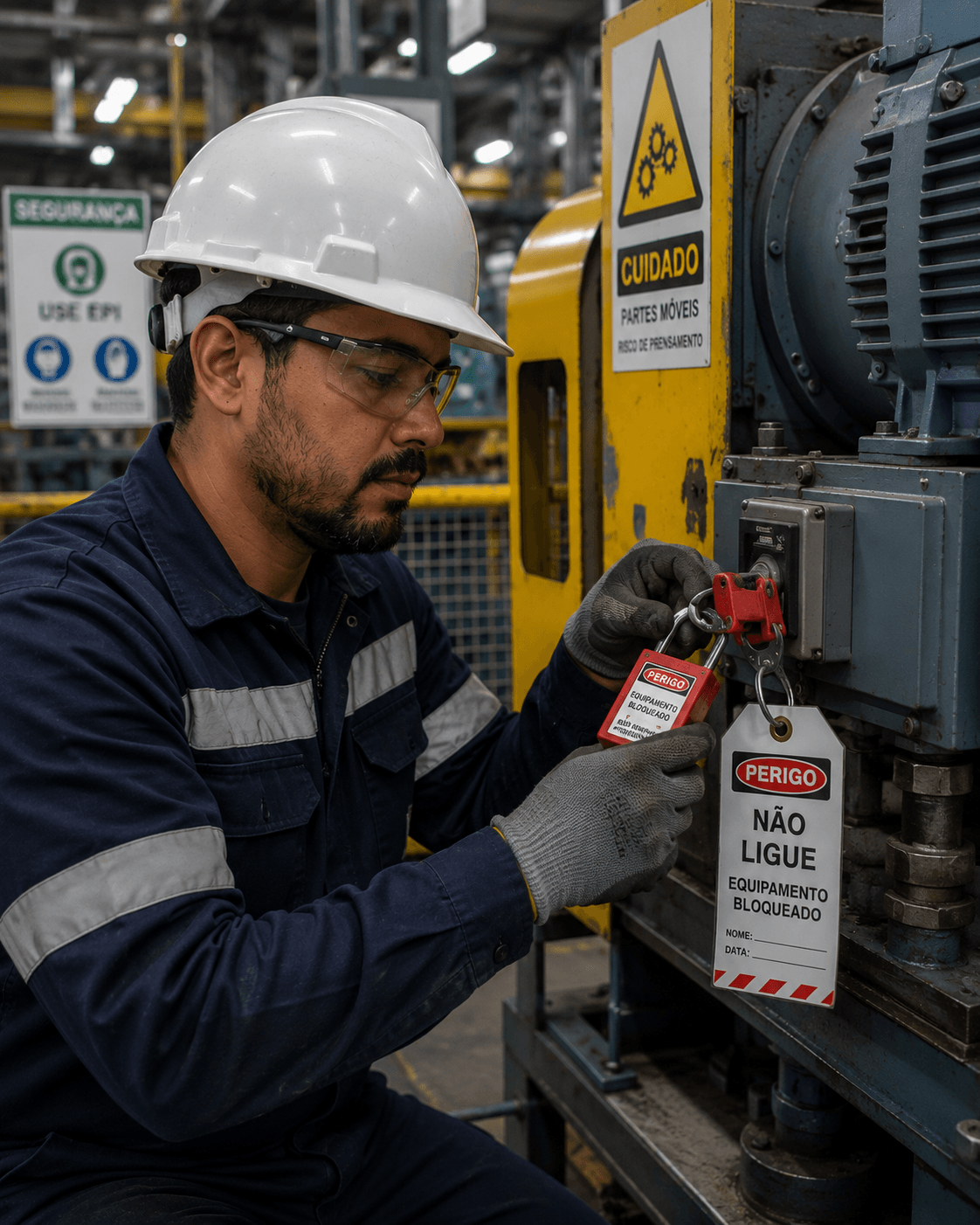 Técnico de manutenção aplicando procedimento de bloqueio em máquina industrial