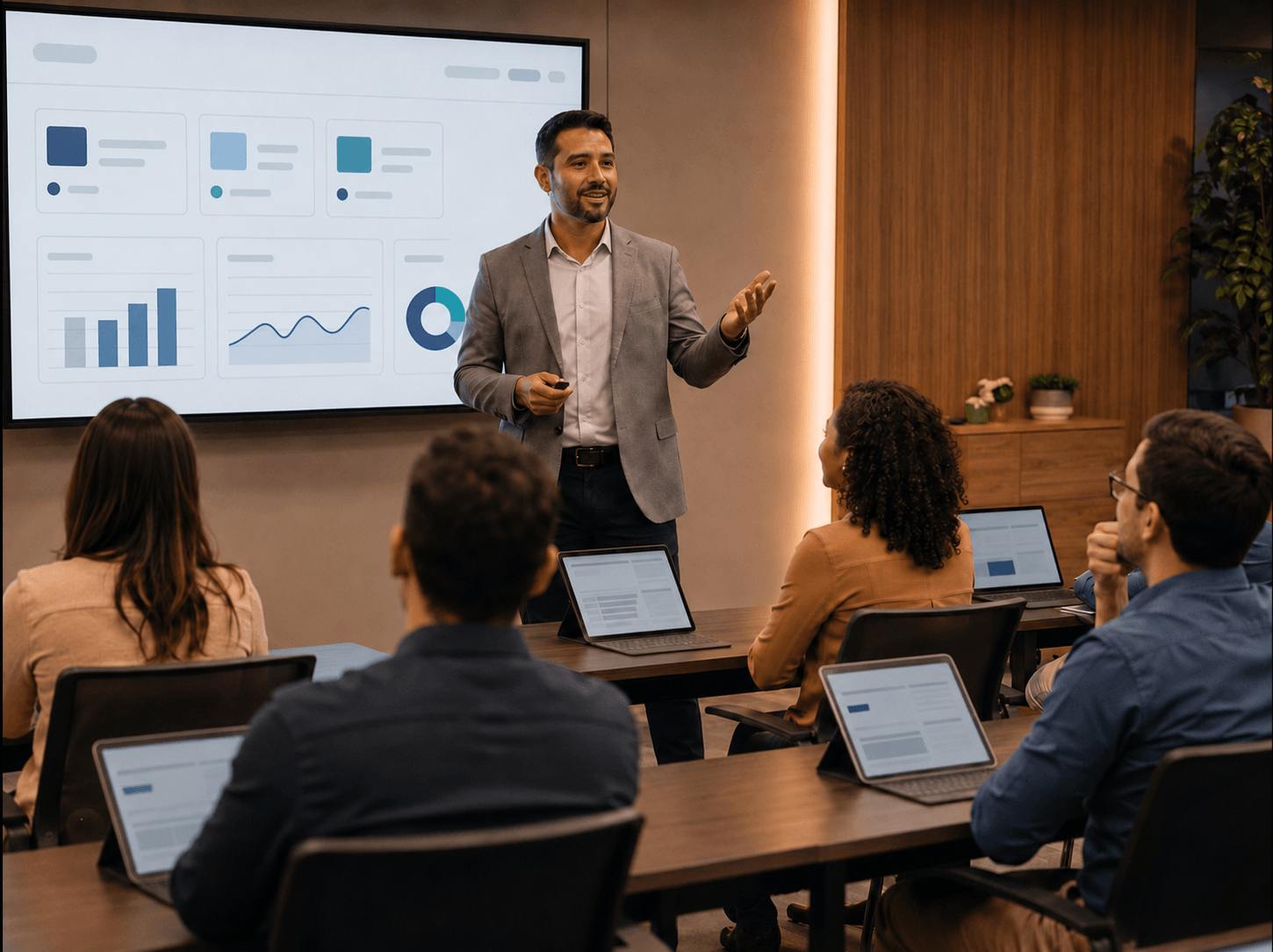 Treinamento corporativo em ambiente moderno com equipe engajada