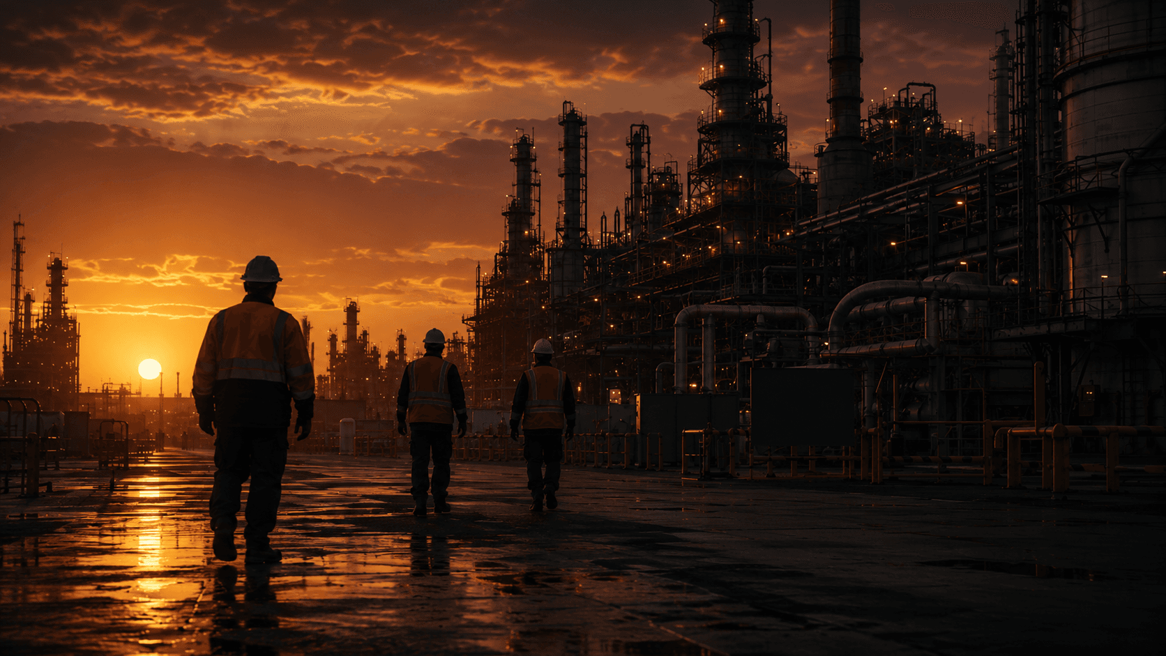 Equipe de segurança em operação industrial ao entardecer