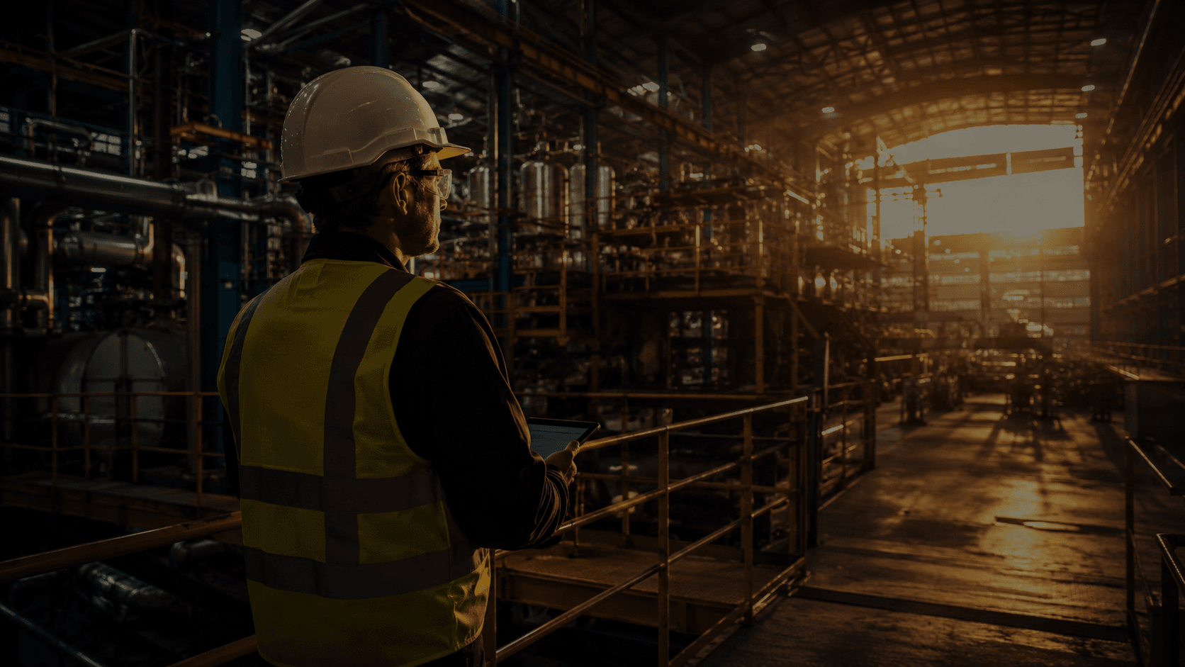 Engenheiro de segurança inspecionando conformidade em planta industrial